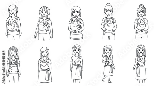 A set of illustrated female characters showcasing various casual outfits in minimalist black and white vector style, ideal for fashion design and branding