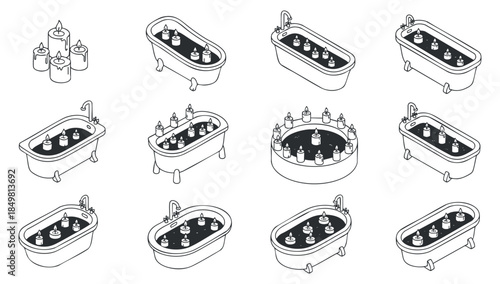 A collection of bathtubs with various bath products in minimalist outline vector style, ideal for wellness and spa-related designs