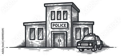 A police station building with a police car in detailed black and white sketch vector style, suitable for law enforcement graphics