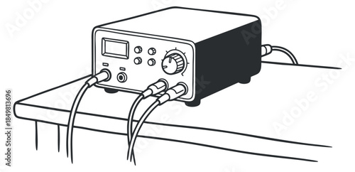 A detailed illustration of an electronic device with knobs and cables in an outline vector style, suitable for technology-related design projects