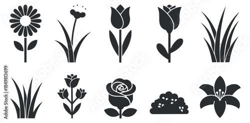 A collection of flower and plant icons in black silhouette vector style, perfect for nature-themed designs and illustrations