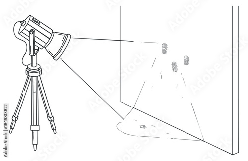 A telescope pointing at fingerprints on a wall in modern outline vector style, suitable for forensic investigation and analysis