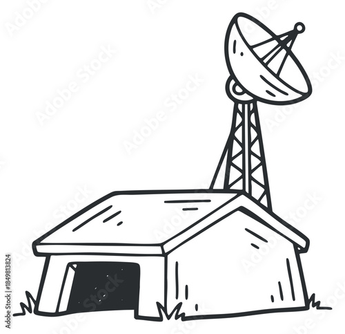 A satellite dish on a tower next to a small building in a hand-drawn sketch style, ideal for technology and communication themes