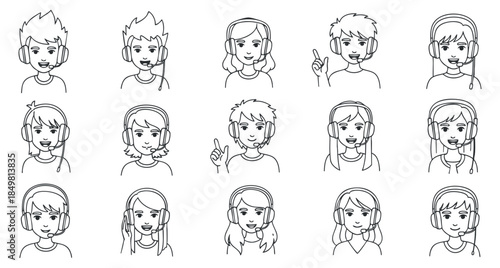 A collection of diverse characters wearing headphones in an outline vector style, suitable for music and technology themes