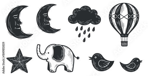 A collection of whimsical black and white vector illustrations featuring moons, clouds, an elephant, a hot air balloon, a star, and birds, perfect for children's design projects