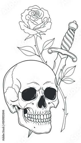 A stylized skull surrounded by a rose flower in black and white outline vector style, suitable for tattoo designs and gothic art