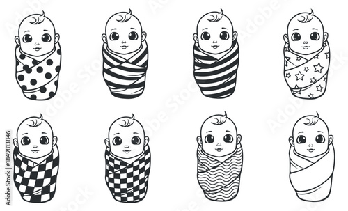 A collection of cute baby characters wrapped in various patterned swaddles in black and white vector style, perfect for childcare design