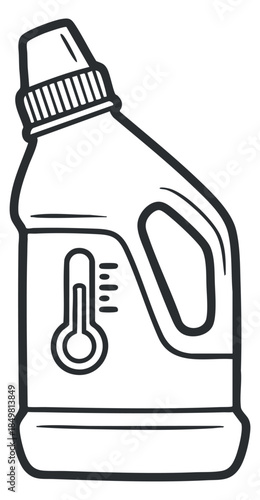 A cleaning detergent bottle with a nozzle and measurement markings in outline vector style, suitable for packaging and branding designs