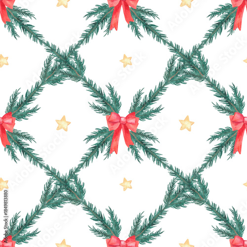 Seamless watercolor pattern with tree branch and red bow