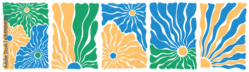 Various yellow, blue, green floral sunny hippie poster templates, hand drawn abstract wavy patterns. Waves, swirl, twirl, flower, rays pattern. Twisted and distorted vector set in retro psychedelic