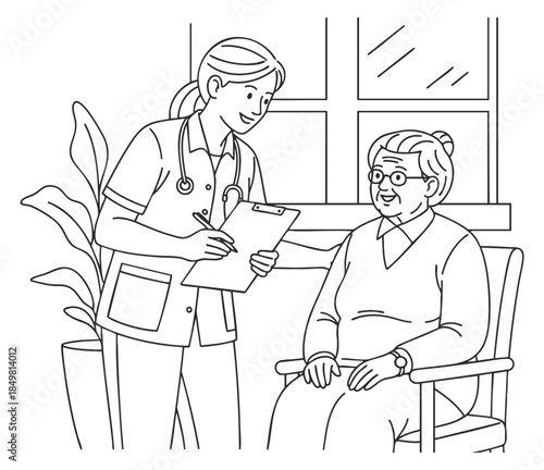 A nurse assisting an elderly woman in a black and white outline vector style, ideal for healthcare and medical illustrations