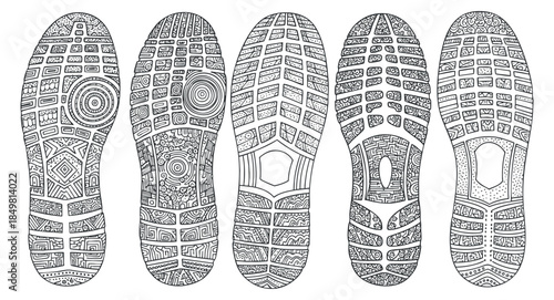 A collection of five unique shoe sole designs in black and white outline vector style, ideal for fashion and footwear branding
