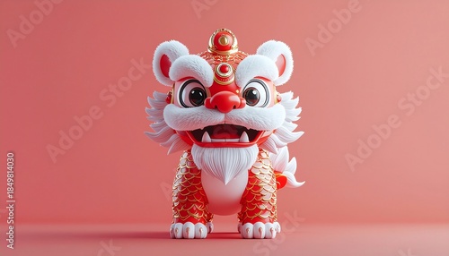 Adorable 3D illustration of a festive red and gold Chinese guardian lion figurine, symbolizing good fortune and celebration, on a vibrant background, perfect for Lunar New Year designs