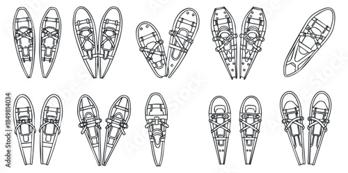 A collection of snowshoes in black and white outline vector style, ideal for winter sports and outdoor adventure designs
