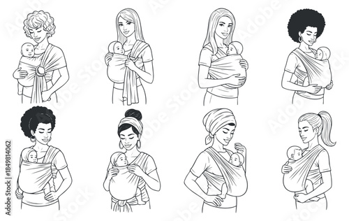 A collection of diverse mothers carrying their babies in slings in black and white vector style, ideal for parenting and family themes