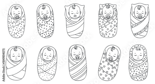 A collection of cute wrapped newborn babies in various swaddle styles in black and white outline vector illustration, ideal for baby-related designs