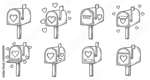 A collection of nine heart-themed mailboxes in outline style, perfect for Valentine's Day or romantic designs