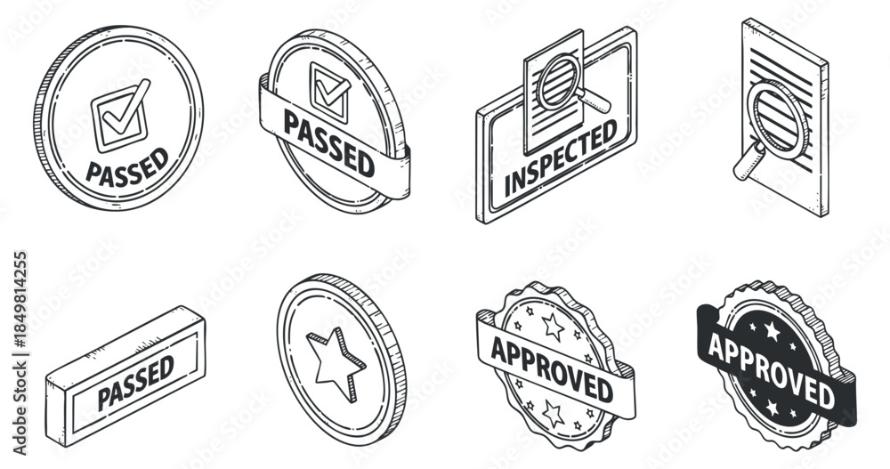 Obraz premium A collection of approval and inspection icons featuring passed and inspected stamps in black and white outline vector style, suitable for quality certification and business branding