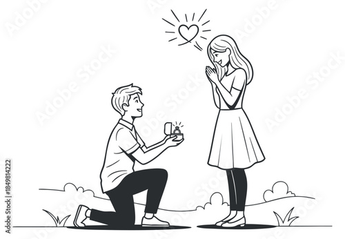 A couple engaged in a romantic proposal scene in black and white vector style, ideal for love and relationship themes