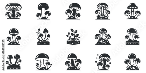 A set of various mushroom illustrations in black and white minimalist vector style, perfect for nature-themed designs