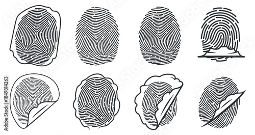 A collection of eight unique fingerprint illustrations in black outline style, suitable for security and identity design projects