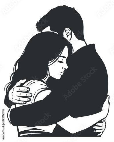 A couple embracing each other in a black and white minimalist vector style, perfect for expressing love and affection