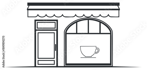 A minimalist café storefront illustration featuring a coffee cup display in a clean outline vector style, ideal for branding and advertising.