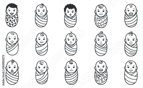 A collection of cute swaddled babies with various hairstyles in minimalist black and white vector style, perfect for baby-related designs and illustrations
