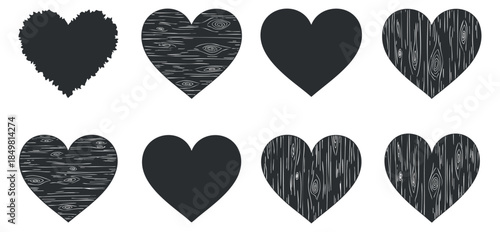 A collection of eight heart shapes featuring various designs including wood texture and solid black in modern vector style, suitable for Valentine's Day projects