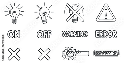 A collection of light bulb icons representing on and off states, warning, error, and processing in outline vector style, ideal for user interface design