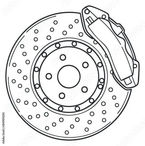 A detailed illustration of a car brake disc and caliper in black and white outline vector style, suitable for automotive design projects