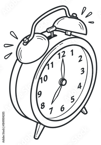 A hand-drawn alarm clock with ringing bells in a black and white outline vector style, suitable for time management illustrations