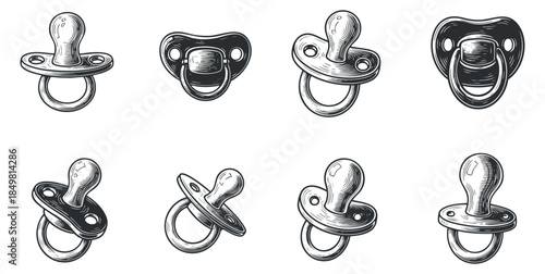 A collection of pacifiers in sketch style, featuring various designs and shapes in black and white vector illustration, suitable for baby products branding and parenting themes