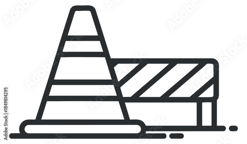 A traffic cone and barrier in black outline vector style, suitable for construction and safety themes