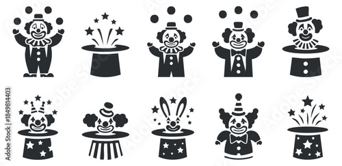 A collection of playful clown characters performing tricks and magic in black and white vector style, suitable for circus-themed designs and children's entertainment