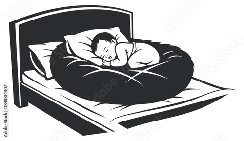A sleeping baby curled up on a round pillow in a black and white minimalist vector style, ideal for nursery decor