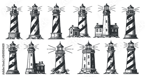 A collection of striped lighthouse illustrations in black and white vector style, perfect for nautical-themed designs and coastal decor