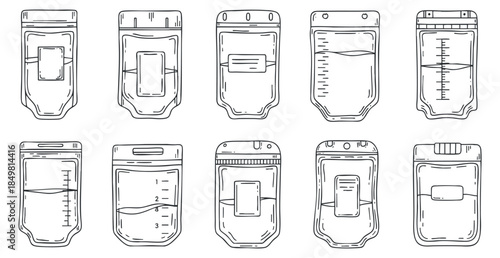 A collection of ten outline vector illustrations of various packaging pouches and containers in minimalist style, suitable for product design and branding