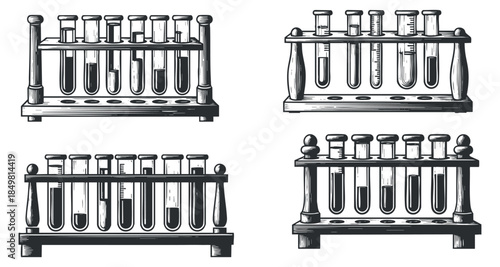 A collection of four test tube racks with various glass test tubes in detailed black and white vector style, suitable for educational and scientific purposes