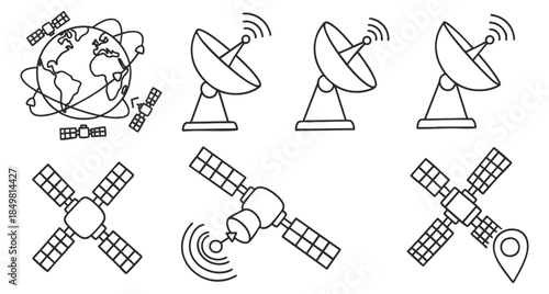 A collection of satellite and communication icons featuring Earth, antennas, and satellites in simple outline vector style, suitable for technology and digital design projects