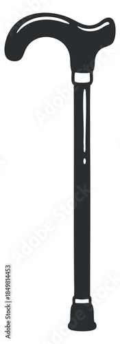A walking cane with a curved handle in minimalist black and white vector style, suitable for healthcare and mobility design