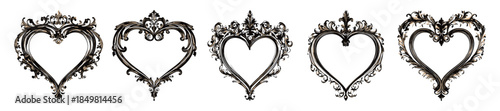 Collection of five ornate heart-shaped frames with intricate vintage details, ideal for romantic artwork, invitations, or decorations.