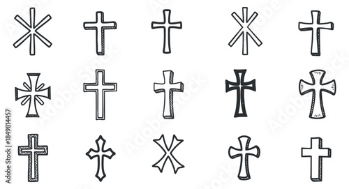A collection of various cross designs in black and white outline vector style, suitable for religious themes and graphics