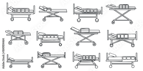 A collection of hospital beds in outline style, showcasing various designs suitable for medical and healthcare illustrations