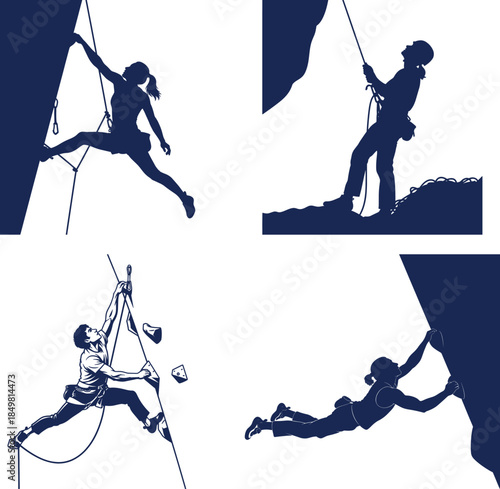 Rock Climbing and Bouldering Silhouette Collection - Athletes Mountaineering on Cliff and Extreme Outdoor Sports Vector Set