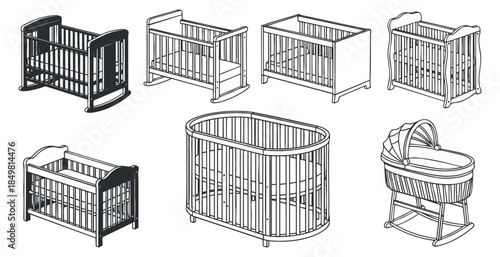 A collection of various baby cribs and bassinets in minimalist outline vector style, suitable for nursery design and parenting projects