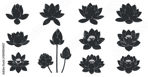A collection of black silhouette lotus flowers in various stages of bloom and styles, perfect for botanical design projects