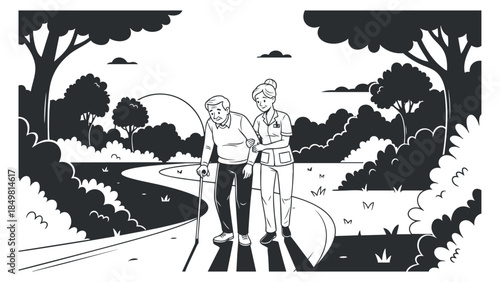 An elderly man walking with a caregiver along a winding path in a black and white vector illustration, ideal for health and wellness themes