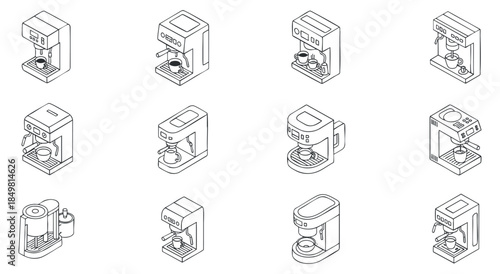 A collection of various coffee machines in clean line art vector style, suitable for kitchen appliance design and branding