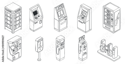 A collection of various payment and service machines including telephone booths, ATMs, and vending machines in minimalist black and white vector style, ideal for technology and urban design projects